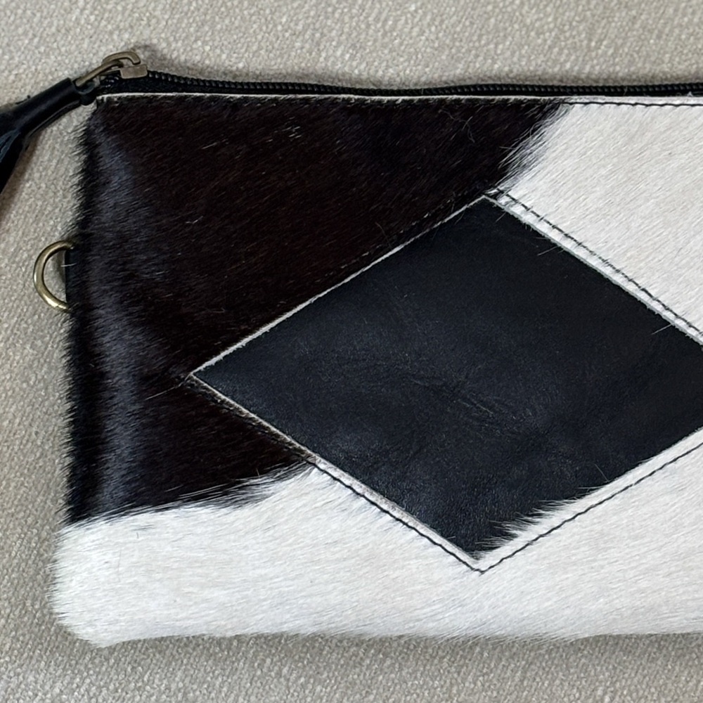 Cowhide Leather Wristlet Clutch | Black & White | Tassel Zip - Picture 2 of 6